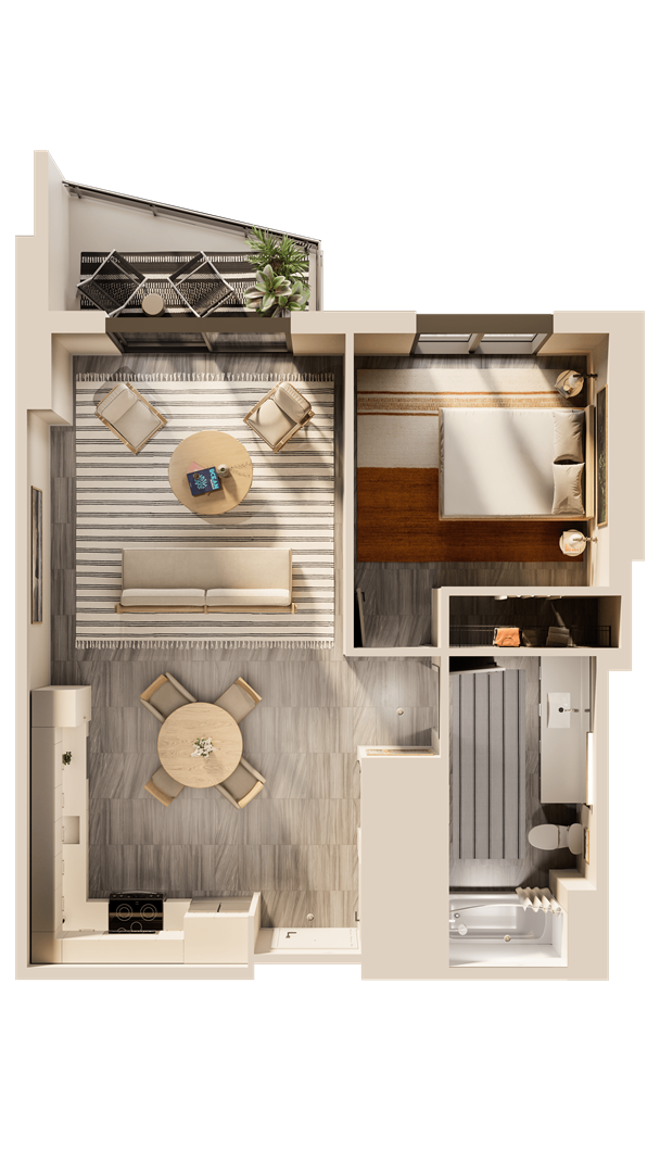 A detailed cutaway drawing of a room showing the interior layout.